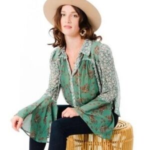 Serena Floral Button Up Blouse Shirt Top Emerald Combo L Boho Hippie